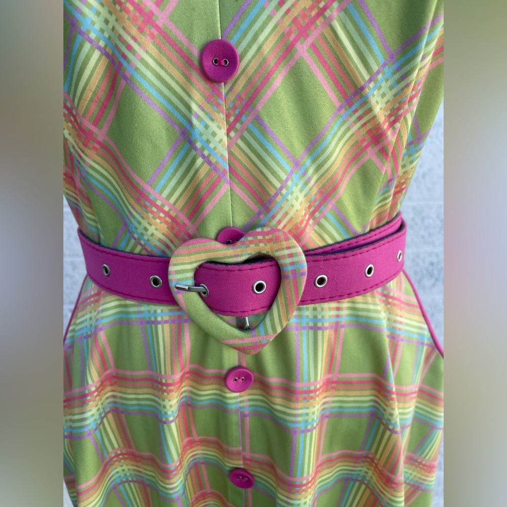 💖Voodoo Vixen Vintage Plaid Dress Heart Belt Green Pink Size M - Picture 7 of 12
